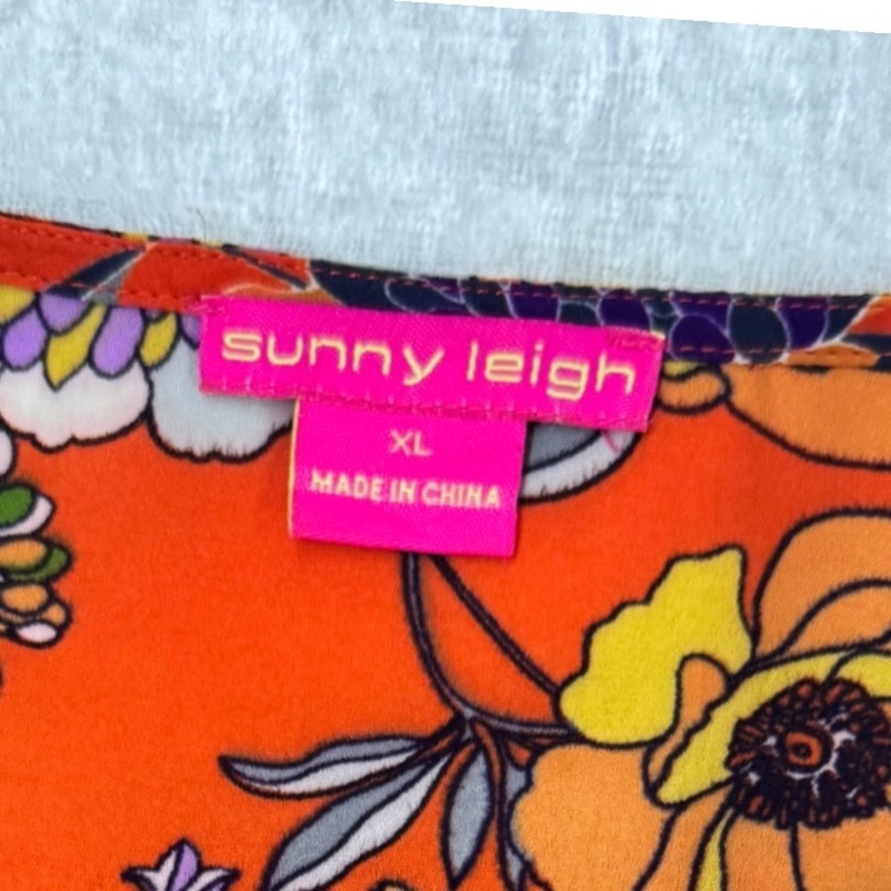 Sunny Leigh Blouse Womens XL Orange Floral Ruffle Bell Sleeve Round Neck Top - Picture 7 of 10